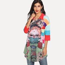 Shein Graphic Print Longline Curved Blouse