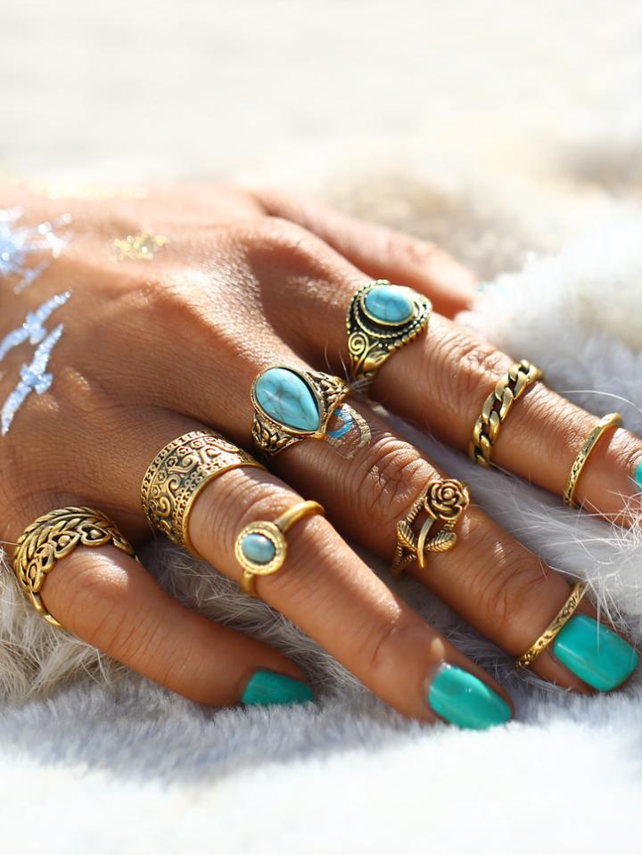 Shein Hollow Design Ring Set With Turquoise