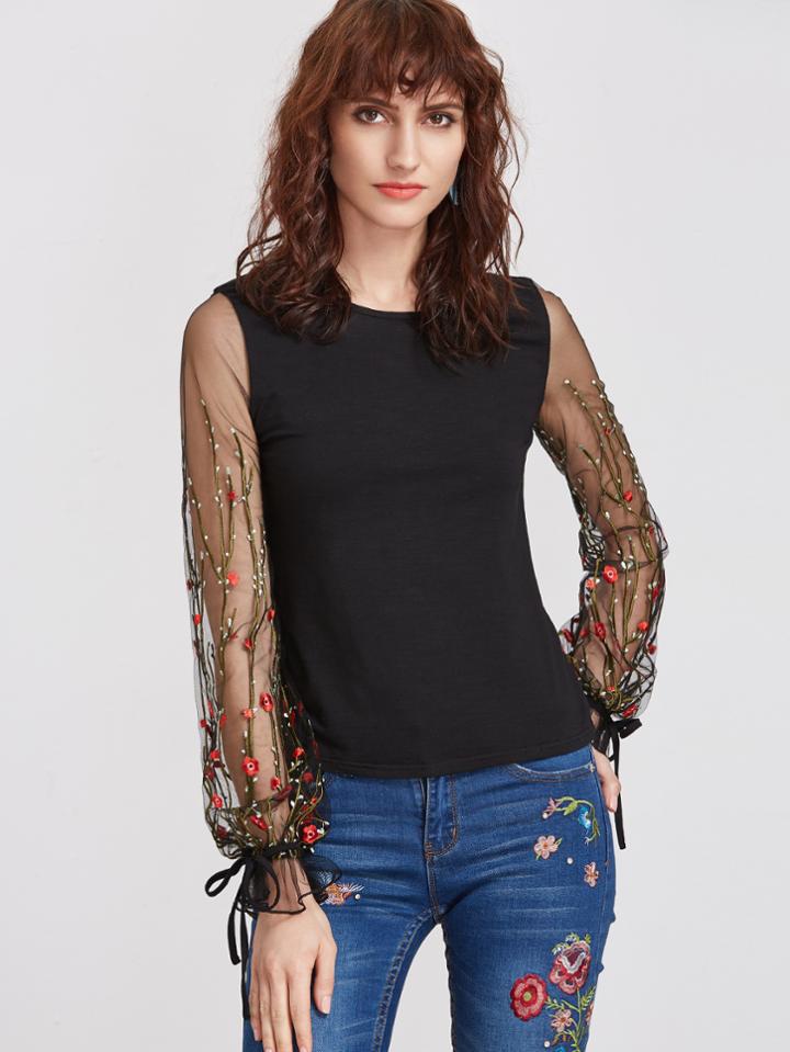 Shein Black Embroidered Mesh Sleeve T-shirt