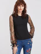 Shein Black Embroidered Mesh Sleeve T-shirt