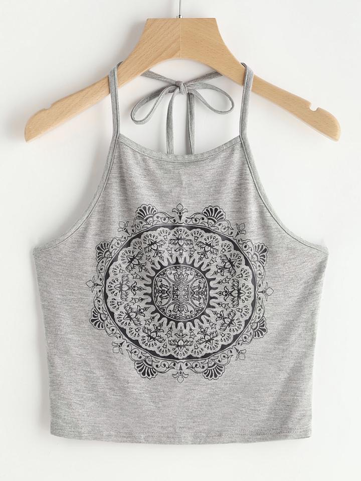 Shein Tattoo Print Crop Halter Top