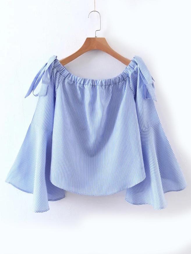 Shein Ruffle Sleeve Boat Neck Vertical Striped Blouse