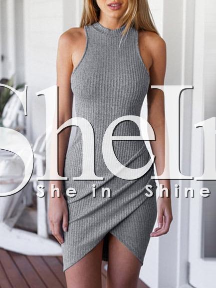 Shein Grey Crew Neck Sleeveless Ribbed Wrap Dress