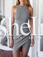 Shein Grey Crew Neck Sleeveless Ribbed Wrap Dress