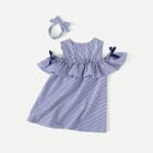 Shein Girls Ruffle Trim Vertical-striped Dress With Headband