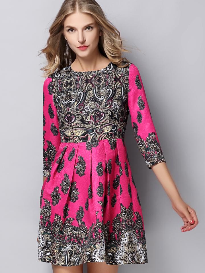 Shein Rose Red Round Neck Length Sleeve Jacquard Dress