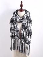Shein Black And White Cable Knit Long Fringe Scarf
