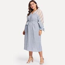 Shein Plus Guipure Lace Insert Knot Cuff Striped Dress
