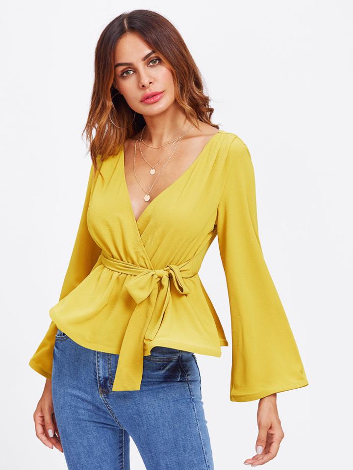 Shein Bell Sleeve Surplice Wrap Blouse
