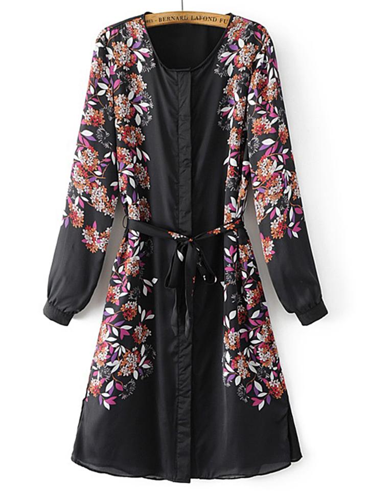 Shein Floral Print Split Side Tie Waist Dress