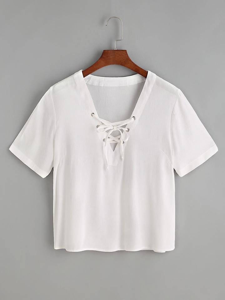 Shein White V Neck Lace Up Top