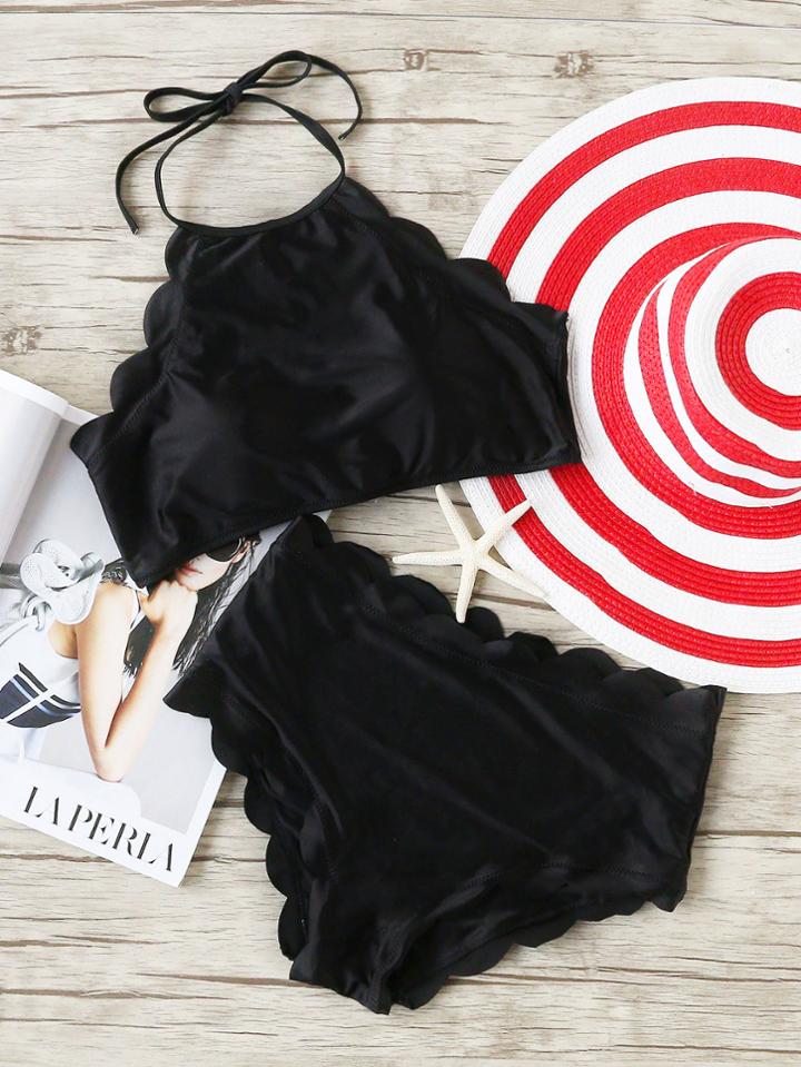 Shein Scalloped Trim Halter High Waist Bikini Set