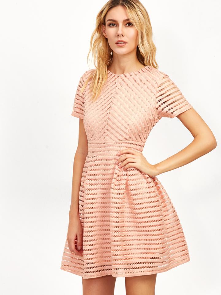Shein Pink Round Neck Hollow Out Skater Dress