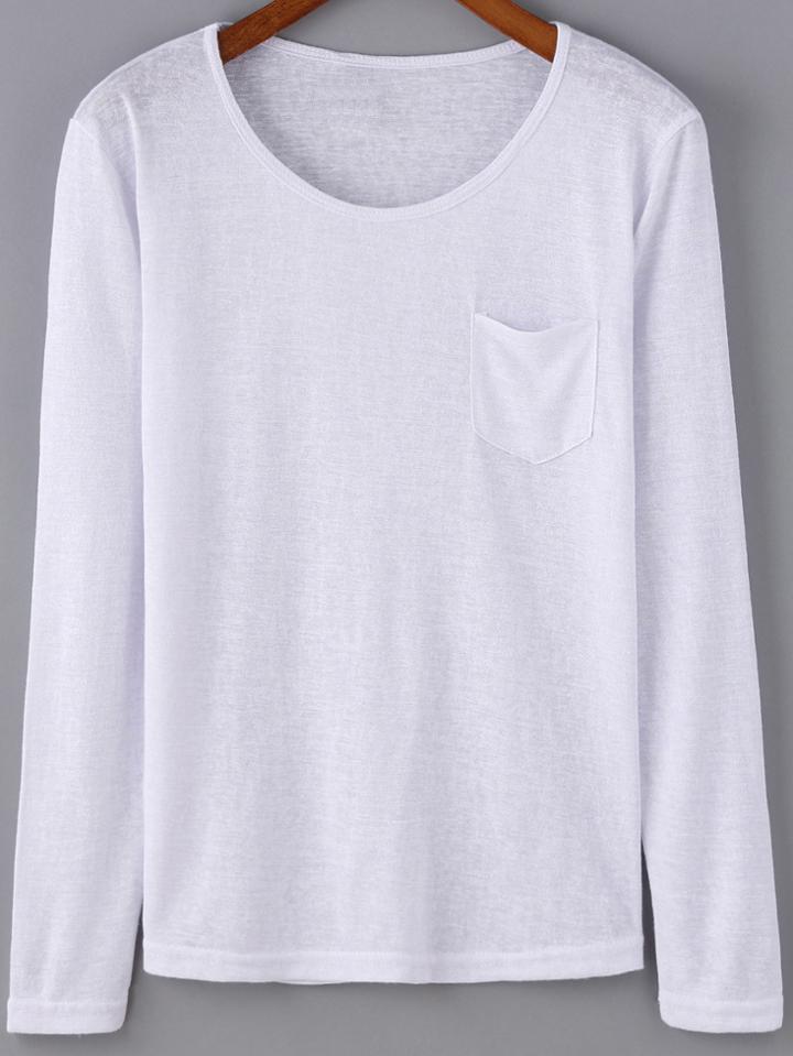 Shein White Round Neck Pocket Casual T-shirt