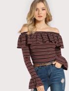Shein Rib Knit Striped Frill Off Shoulder T-shirt