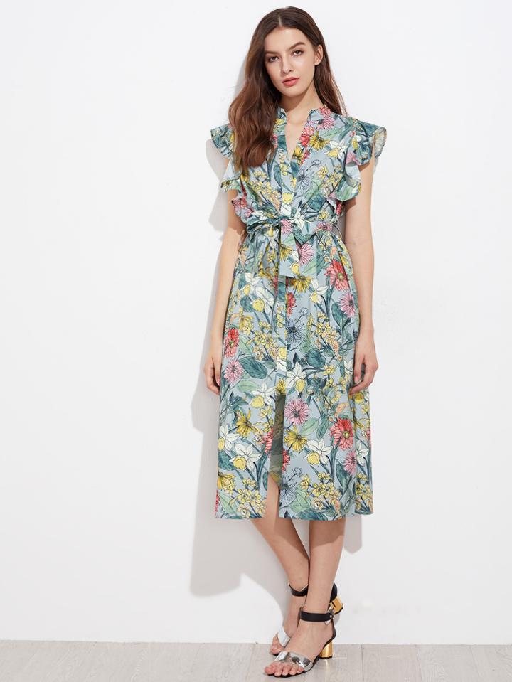 Shein Cap Sleeve Frill Trim Tie Waist Dress