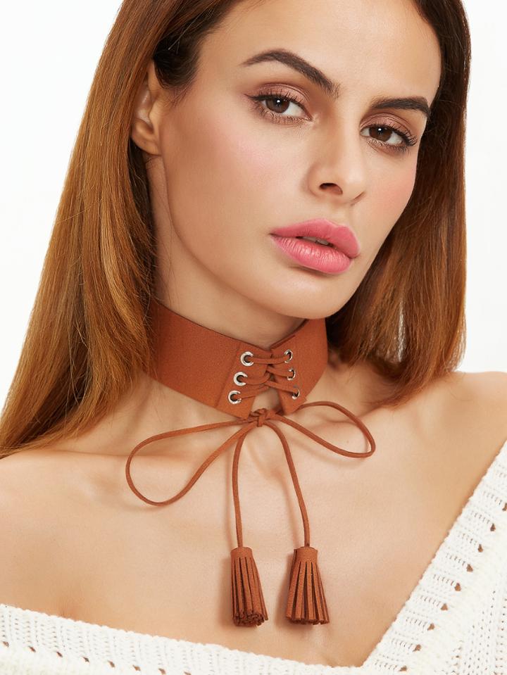 Shein Brown Lace Up Tassel Wide Choker Necklace