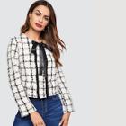 Shein Frilled Trim Bow Detail Grid Tweed Coat