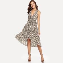 Shein Self Belted Plaid Surplice Wrap Asymmetrical Dress