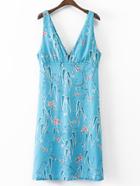 Shein Blue V Neck Sleeveless Printed Zipper Back Dress