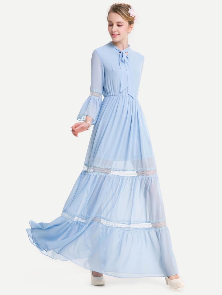 Shein Eyelash Lace Panel Tie Neck Fluted Sleeve Dress