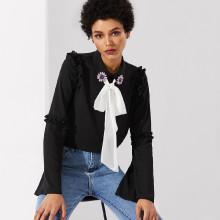 Shein Rhinestone Detail Tie Neck Frill Trim Top