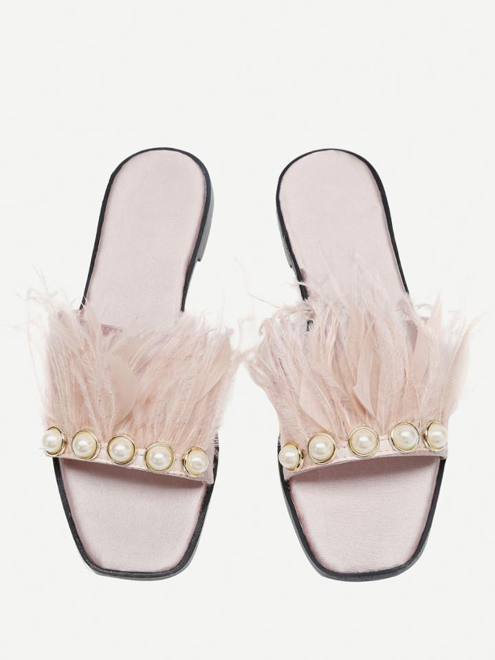 Shein Faux Pearl And Fur Decorated Slides