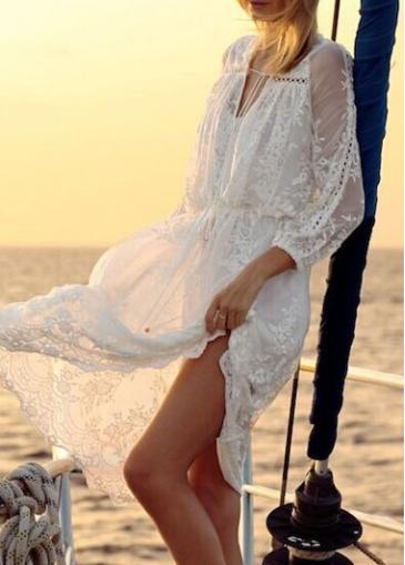 Rosewe Three Quarter Sleeve V Neck Drawstring Lace Dress