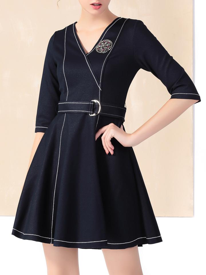 Shein Navy V Neck Belted Denim A-line Dress