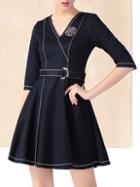 Shein Navy V Neck Belted Denim A-line Dress