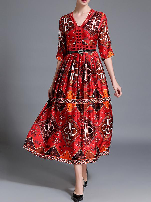 Shein Red V Neck Vintage Print Long Dress