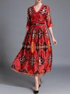 Shein Red V Neck Vintage Print Long Dress
