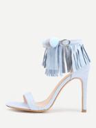 Shein Fringe Detail Heeled Sandals With Pom Pom