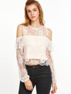 Shein Apricot Cold Shoulder Keyhole Tie Back Ruffle Lace Top