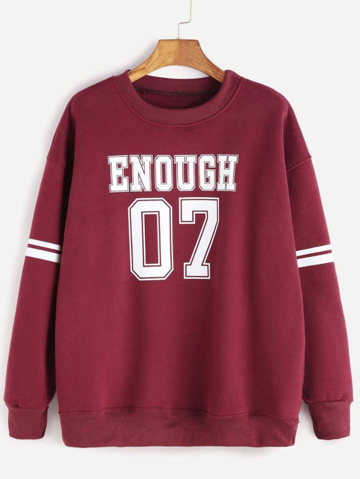 Shein Burgundy Drop Shoulder Varsity Print Sweatshirt