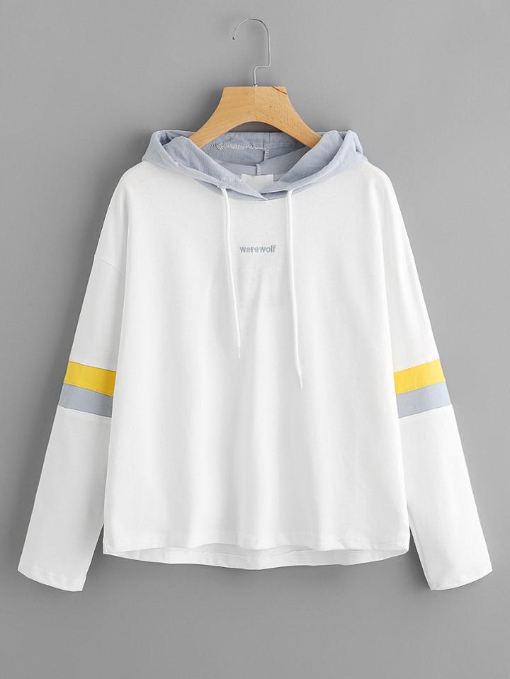 Shein Letter Embroidered Striped Sleeve Hoodie