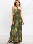 Shein Beaded Halter Tropical Print Shirred Beach Dress