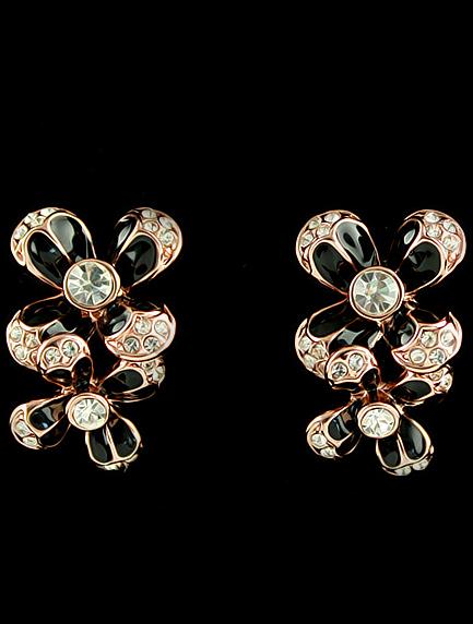 Shein Black Glaze Gold Diamond Flower Stud Earrings