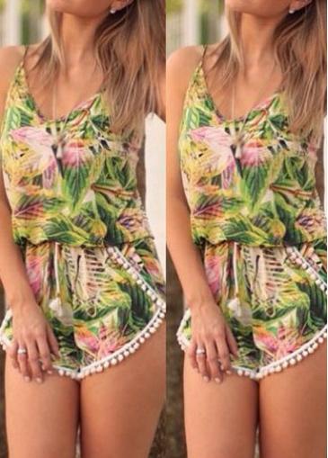 Rosewe Flower Print Spaghetti Strap Pom Pom Romper