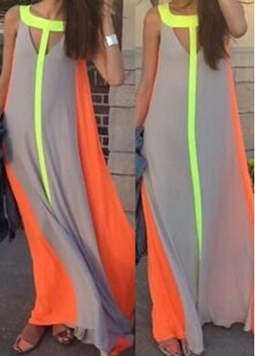 Rosewe Grey And Orange Sleeveless Chiffon Maxi Dress