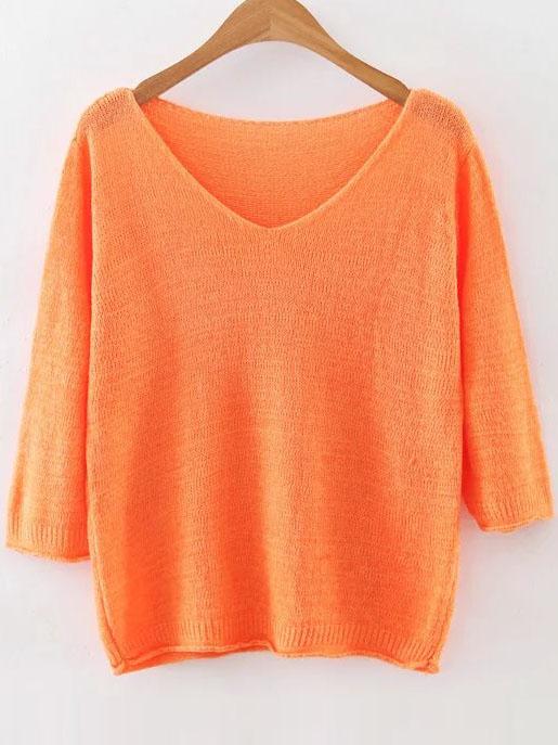 Shein Orange V Neck Ribbed Trim Knitwear