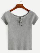 Shein Heather Grey Eyelet Lace Up Ribbed T-shirt