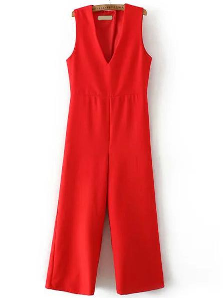 Shein Red V Neck Sleeveless Wide Leg Jumpsuit