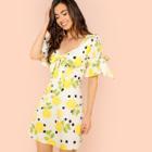 Shein Lemon Print Ruffle Sleeve Knot Dress
