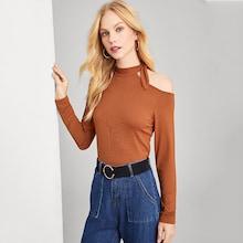 Shein Tie Neck Cutout Solid Tee