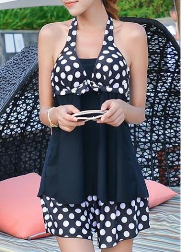 Rosewe Halter Neck Polka Dot Print Black Swimwear