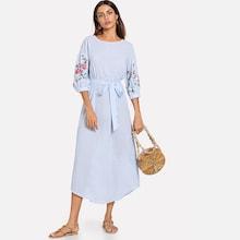 Shein Drop Shoulder Curved Hem Belted Striped Dress