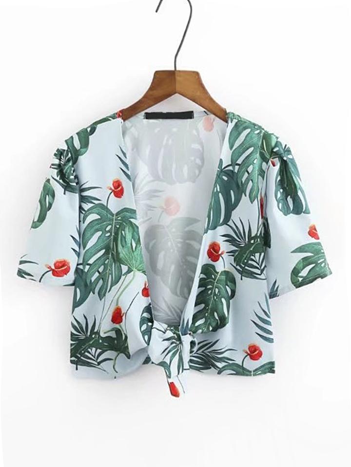 Shein Leaves Print Knot Front Top