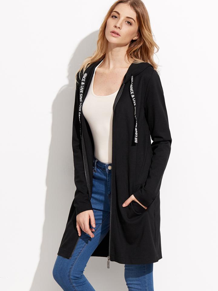 Shein Black Letter Print Tape Hooded Zip Up Coat