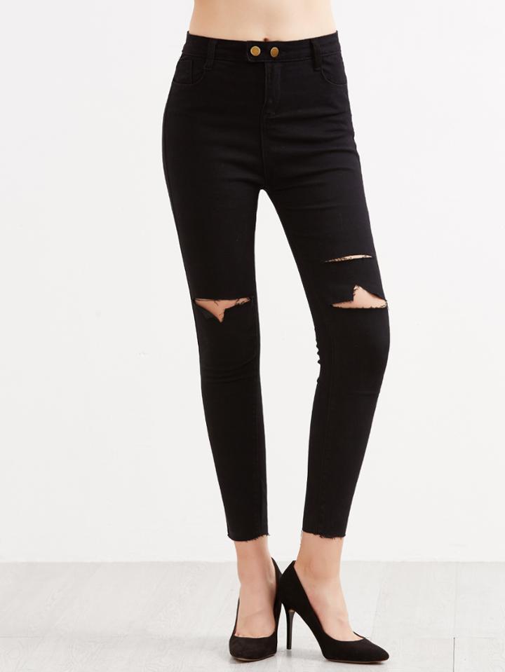Shein Black Ripped Skinny Raw Hem Ankle Jeans